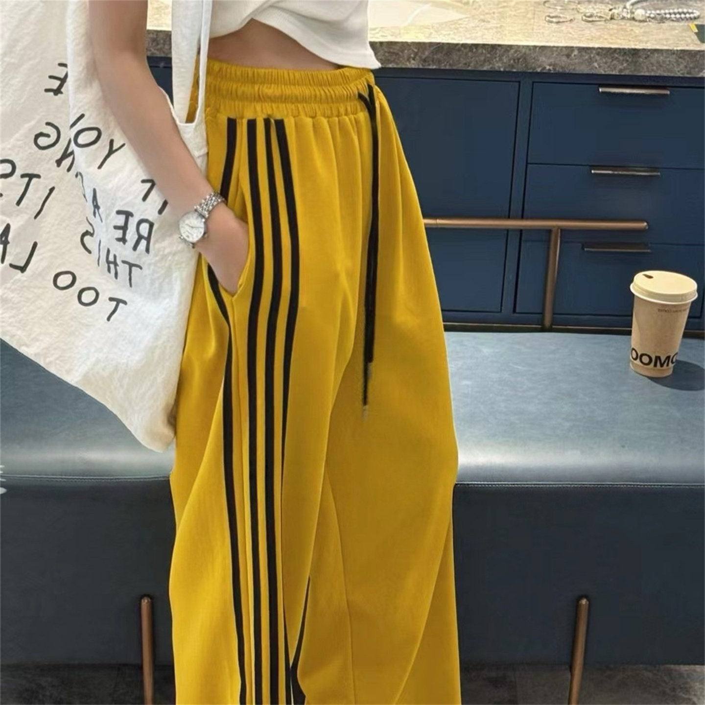 2026春季新款韩版时尚侧拼条撞色设计感抽绳高腰阔腿裤运动长裤子