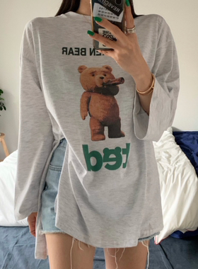 韩国Ins小熊印花宽松中长款开叉白色T恤打底衫女 长袖内搭上衣潮