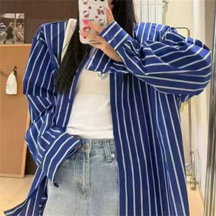 特价慵懒bf风宽松显瘦百搭条纹衬衫女复古高级感中长款长袖衬衣潮