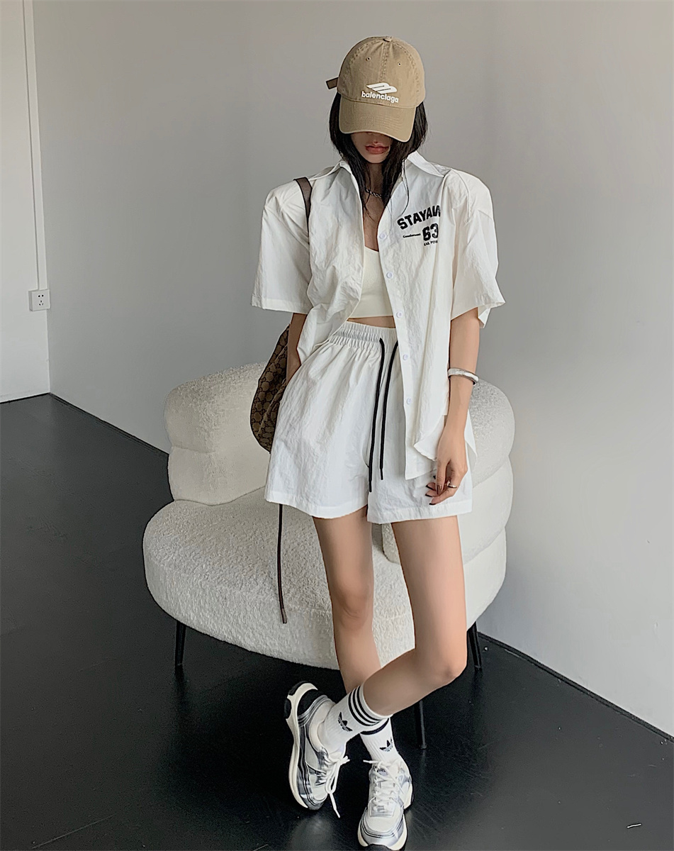 韩国洋气时尚休闲高腰阔腿短裤套装女垫肩短袖衬衫外套两件套潮夏