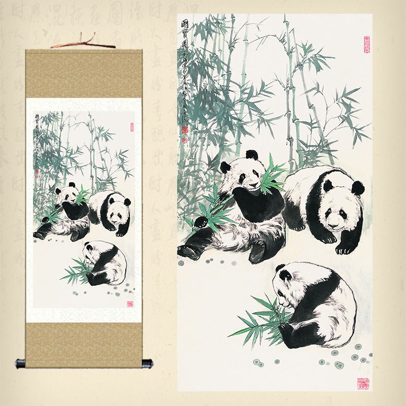 国宝熊猫图卷轴画中国风丝绸画水墨竹影熊猫挂画客厅装饰画礼品画
