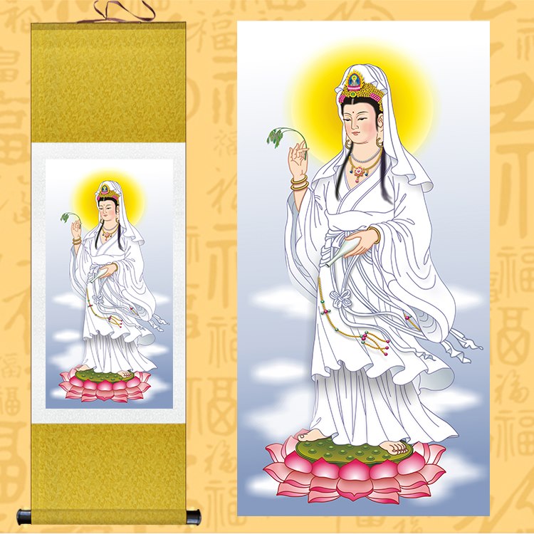 白衣观音画像卷轴画观世音菩萨挂画佛堂供奉佛像画丝绸画结缘礼品