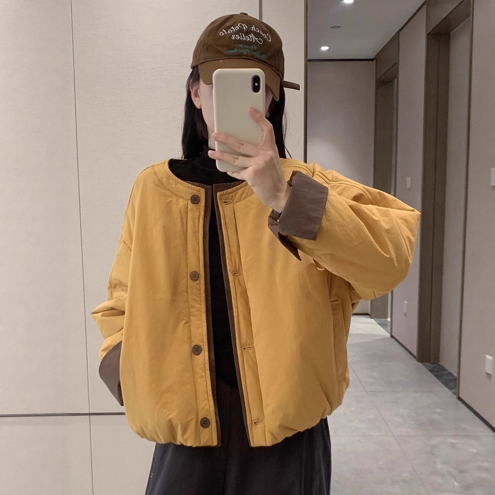 圆领厚款拼接常规款短款棉服棉衣百搭立领女装加厚休闲韩版秋冬
