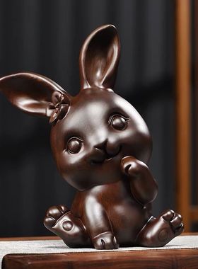 木雕摆件小兔子实木头雕刻动物生肖可爱女孩生日礼品桌面办公摆设
