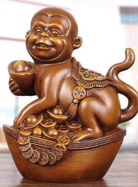 实木雕猴子摆件十二生肖猴吉祥物书房客厅酒柜装饰工艺品生曰礼品