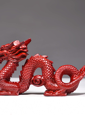 红色木质五爪龙摆件十二生肖龙实木雕刻龙补角龙家居客厅摆设送礼