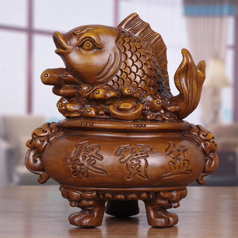 鲤鱼摆件木雕工艺品装饰品客厅招财聚宝盆鱼风水年年有余店铺开业