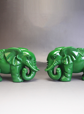 绿色木雕大象摆件实木质雕刻一对象红木家居玄关办公室装饰工艺品