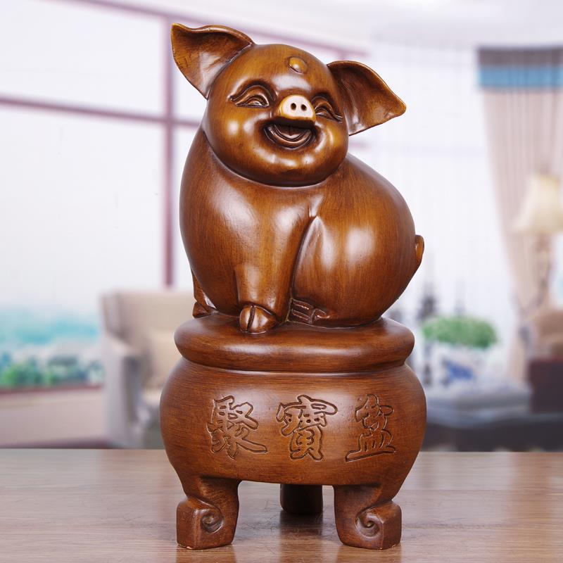 招财猪摆件实木质雕工艺品装饰中式办公室电视柜摆设生日创意礼品