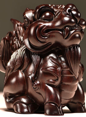 黑檀木雕麒麟摆件实木雕刻麒麟一对家居玄关客厅公司装饰开业送礼