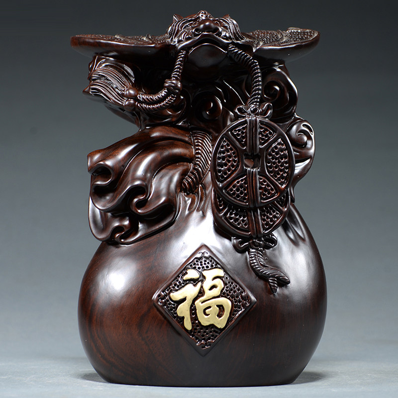 黑檀木雕刻蝙蝠铜钱福袋摆件送福纳福寓意家居客厅装饰红木工艺品