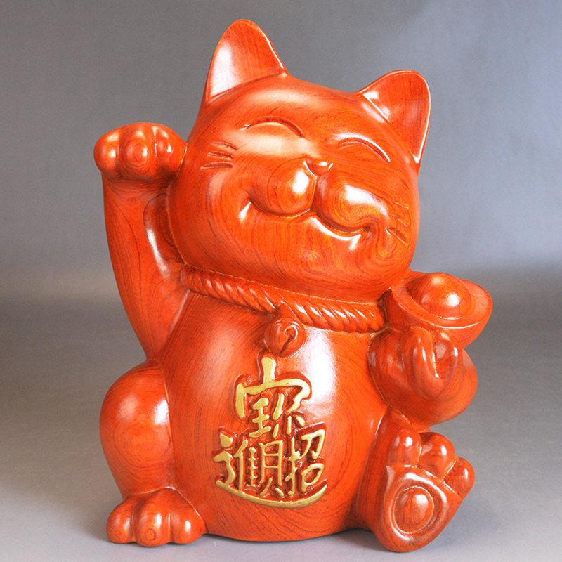 木雕摆件招财猫实木质雕刻家居客厅店铺开业收银台红木头工艺礼品