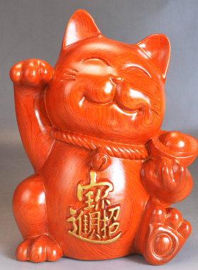 木雕摆件招财猫实木质雕刻家居客厅店铺开业收银台红木头工艺礼品