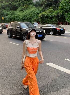 橙色工装裤女装潮ins高街休闲束脚长裤夏季高腰直筒阔腿哈伦裤子
