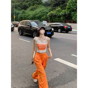 橙色工装裤女装潮ins高街休闲束脚长裤夏季高腰直筒阔腿哈伦裤子