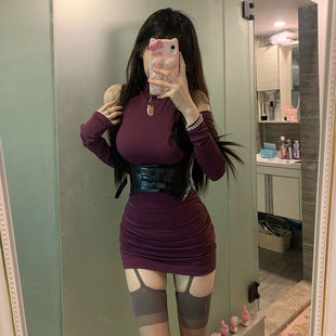 社会女紫色连衣裙快手网红同款辣妹包臀收腰紧身包臀裙+腰封马甲