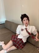 套装 衬衣高腰格子百褶裙裤 显瘦泡泡袖 学院甜辣风Polo领带收腰修身
