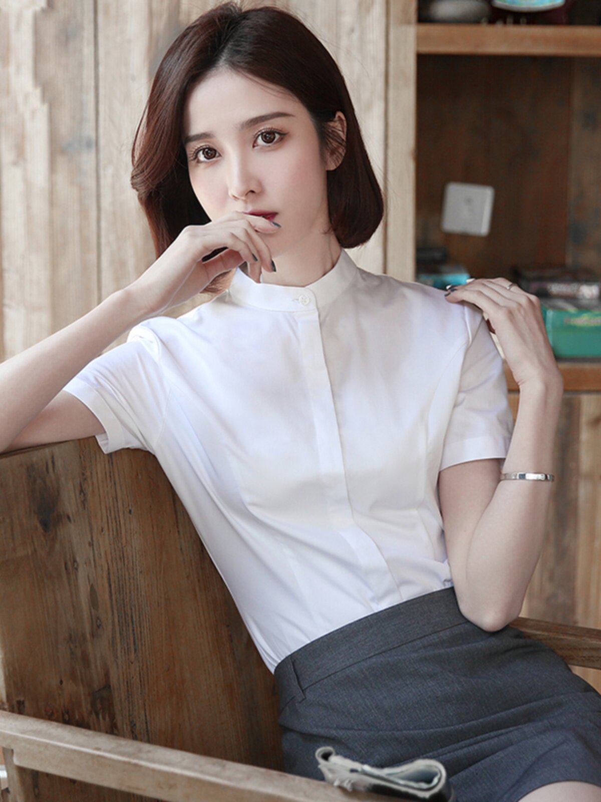 弹力透气立领白衬衫女短袖修身抗皱职业工装显瘦工作服衬衣面试装
