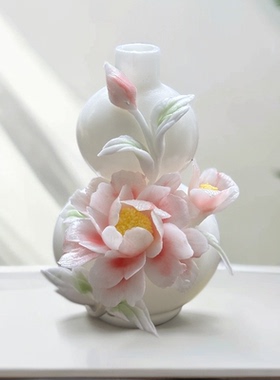 牡丹手工摆件新中式装饰品桌面插花高级摆件客厅手工小众陶瓷花瓶