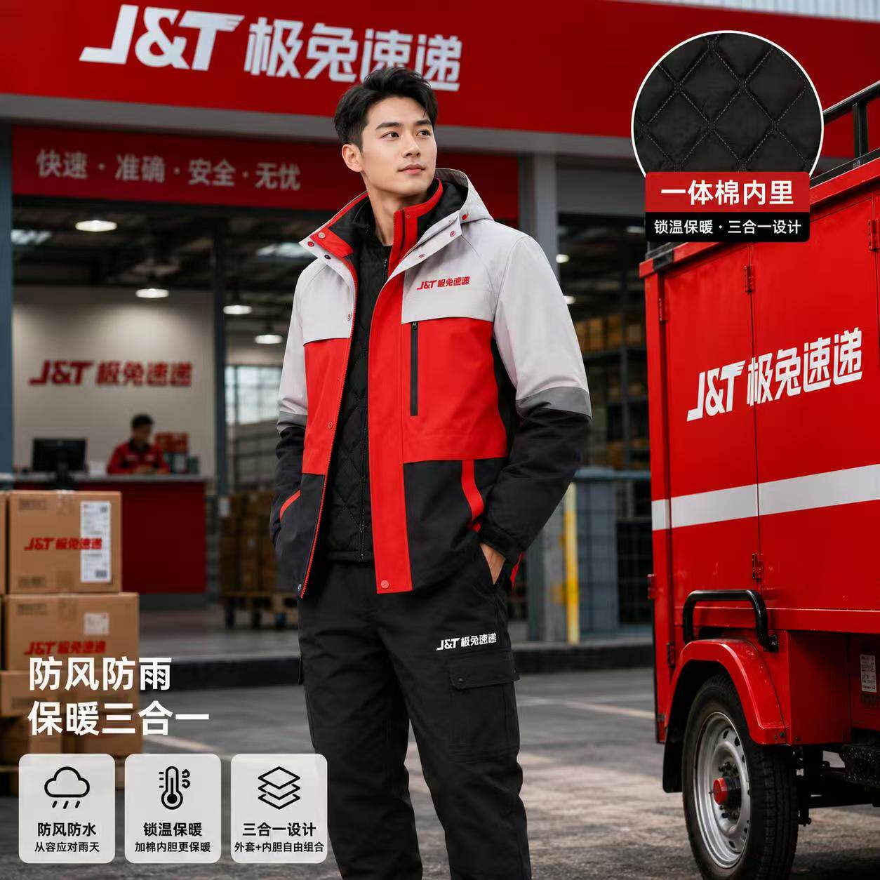 2026新款极兔速递工作服冲锋衣定制秋冬季快递反光外套三合一工装
