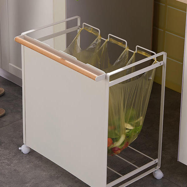 高品质日式金属大容量三格垃圾架带滑轮可移动干湿分类垃圾袋挂架