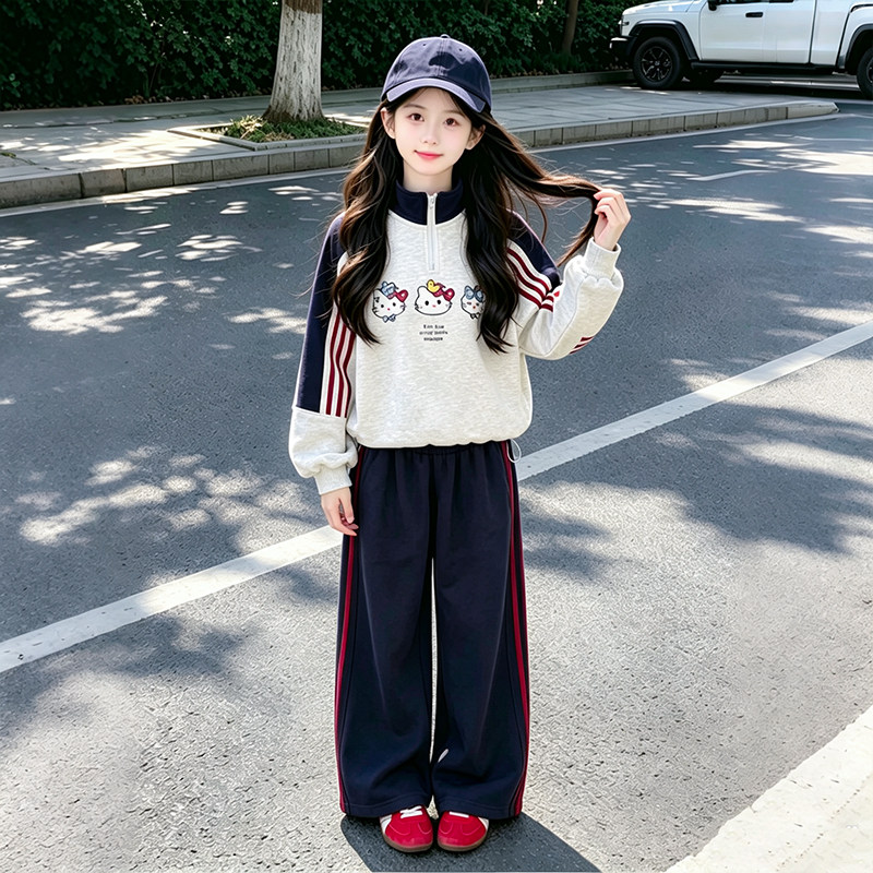 女童拼色半拉链卡通印花卫衣阔腿裤两件套26春秋新款休闲儿童套装图片
