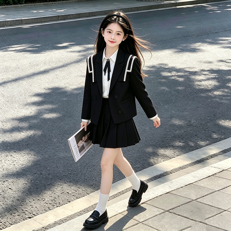 女童春秋套装学院风穿搭2026新款女孩洋气外套衬衣JK百褶裙三件套