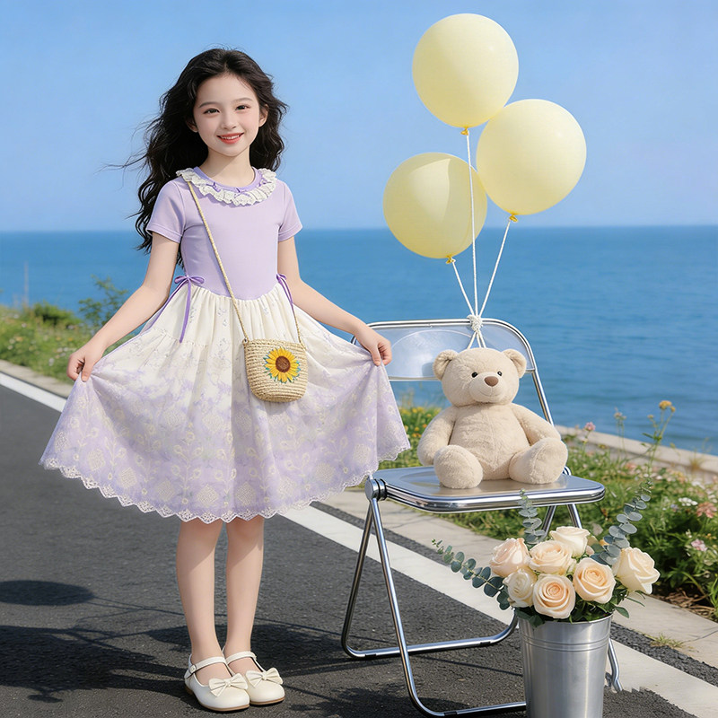 女童连衣裙2026夏季新款小女孩紫色拼接中长裙花园风儿童甜美裙子