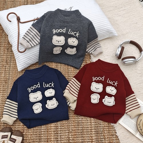 卡通小熊假两件拼接毛衣男女宝