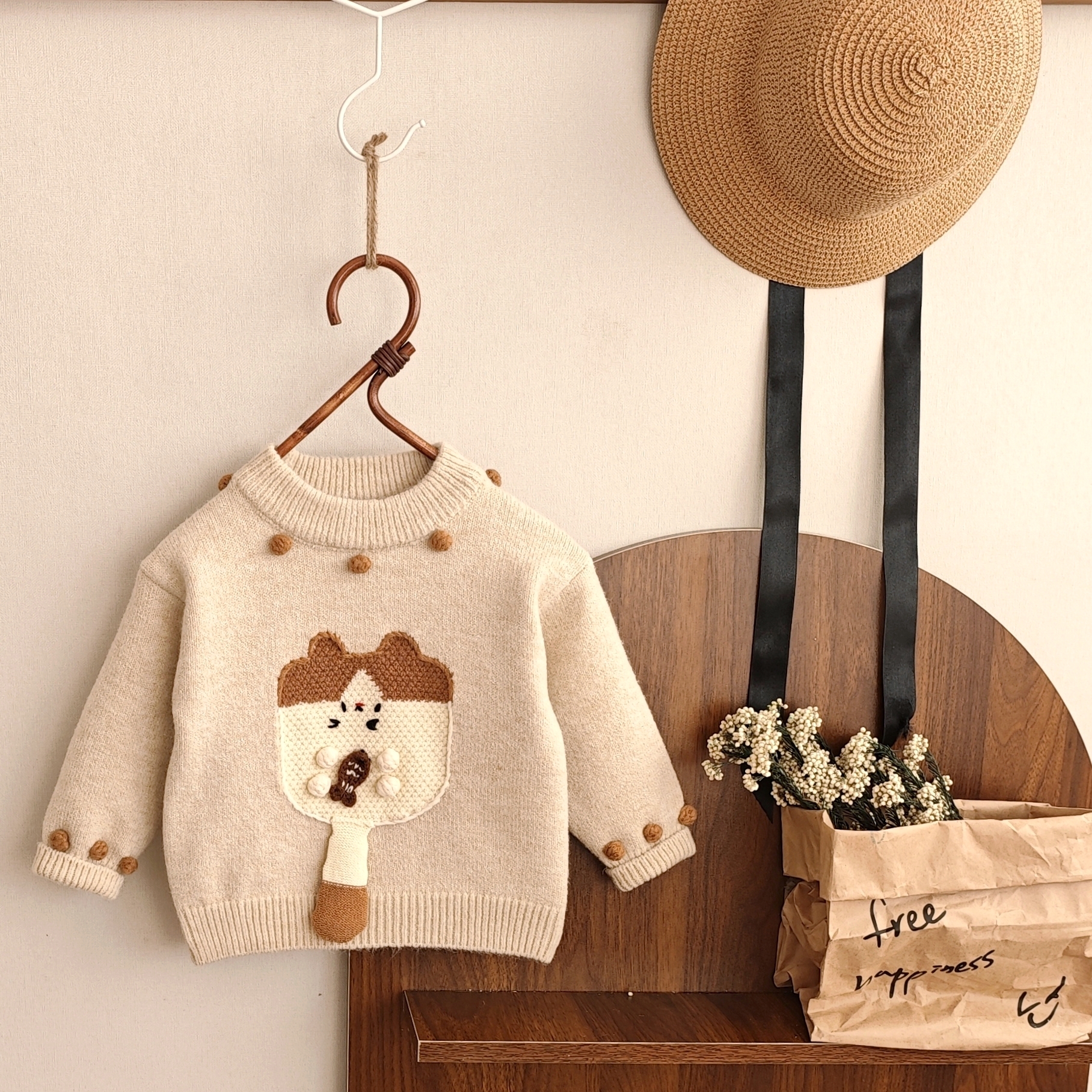 韩版卡通小熊圆领套头毛衣男女童针织衫可爱打底衫男宝洋气保暖