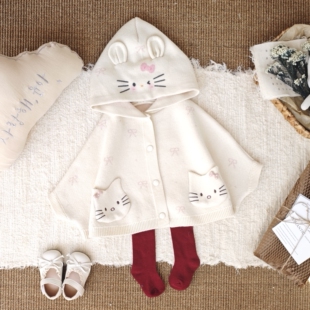 2025秋冬新款女童针织斗篷开衫连帽上衣披风外套毛衣可爱甜美风