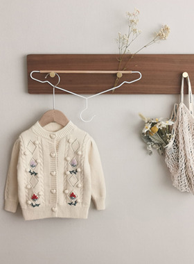 2022秋冬新款女童开衫手工花毛衣韩版复古小花圆领针织衫可爱外套