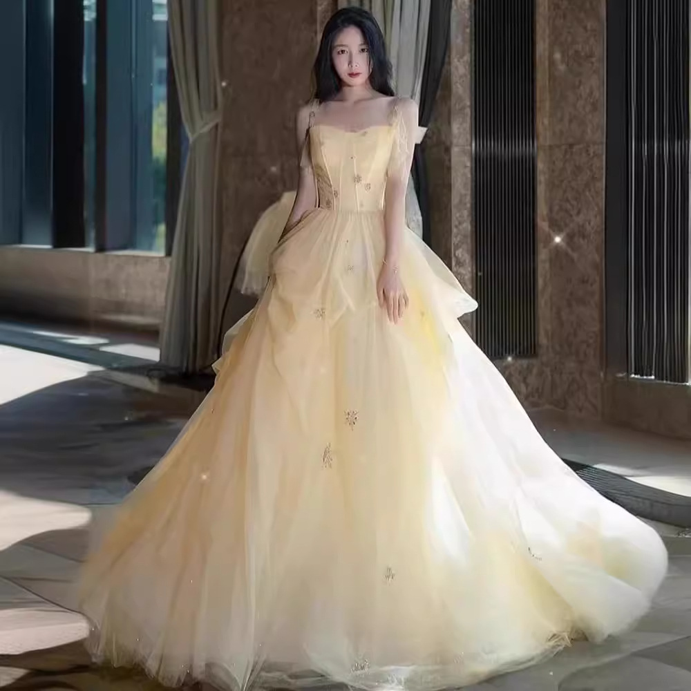 黄色晚礼服裙女2025新款高端轻奢小众高级感法式婚纱成人公主毕业
