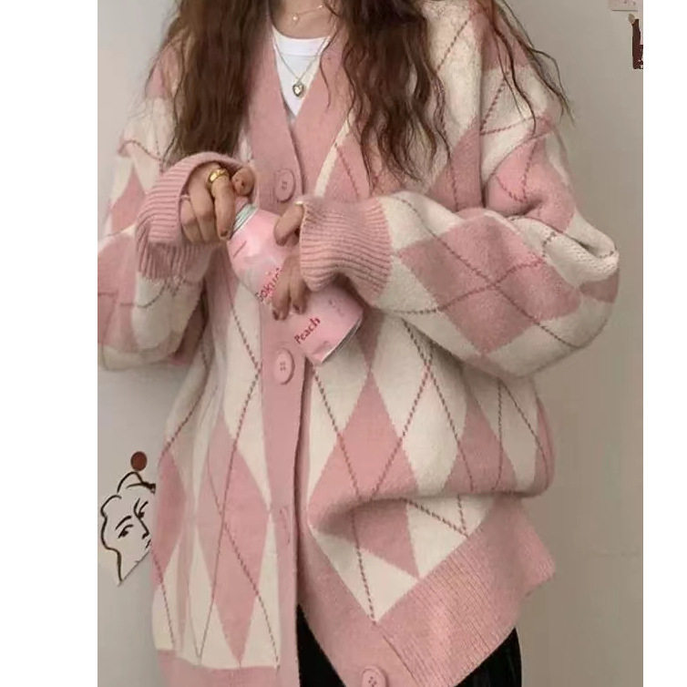 慵懒风撞色菱形格针织开衫2025网红爆款上衣秋冬港味V领毛衣外套,女装/女士精品,毛针织衫,淘宝优惠券,粉丝福利购,淘宝优惠卷