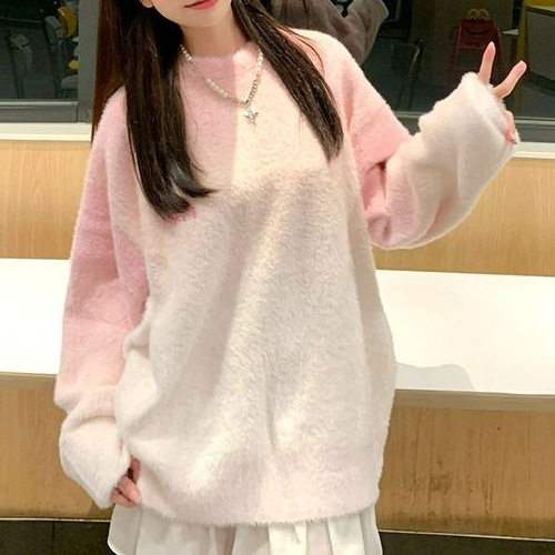 韩系学院风减龄宽松渐变毛衣女春毛针织衫