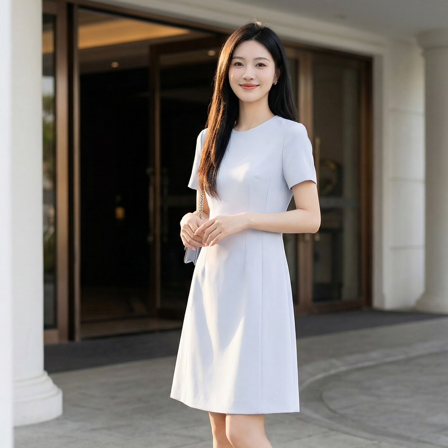 艾尚臣蓝色职业连衣裙女接待工装