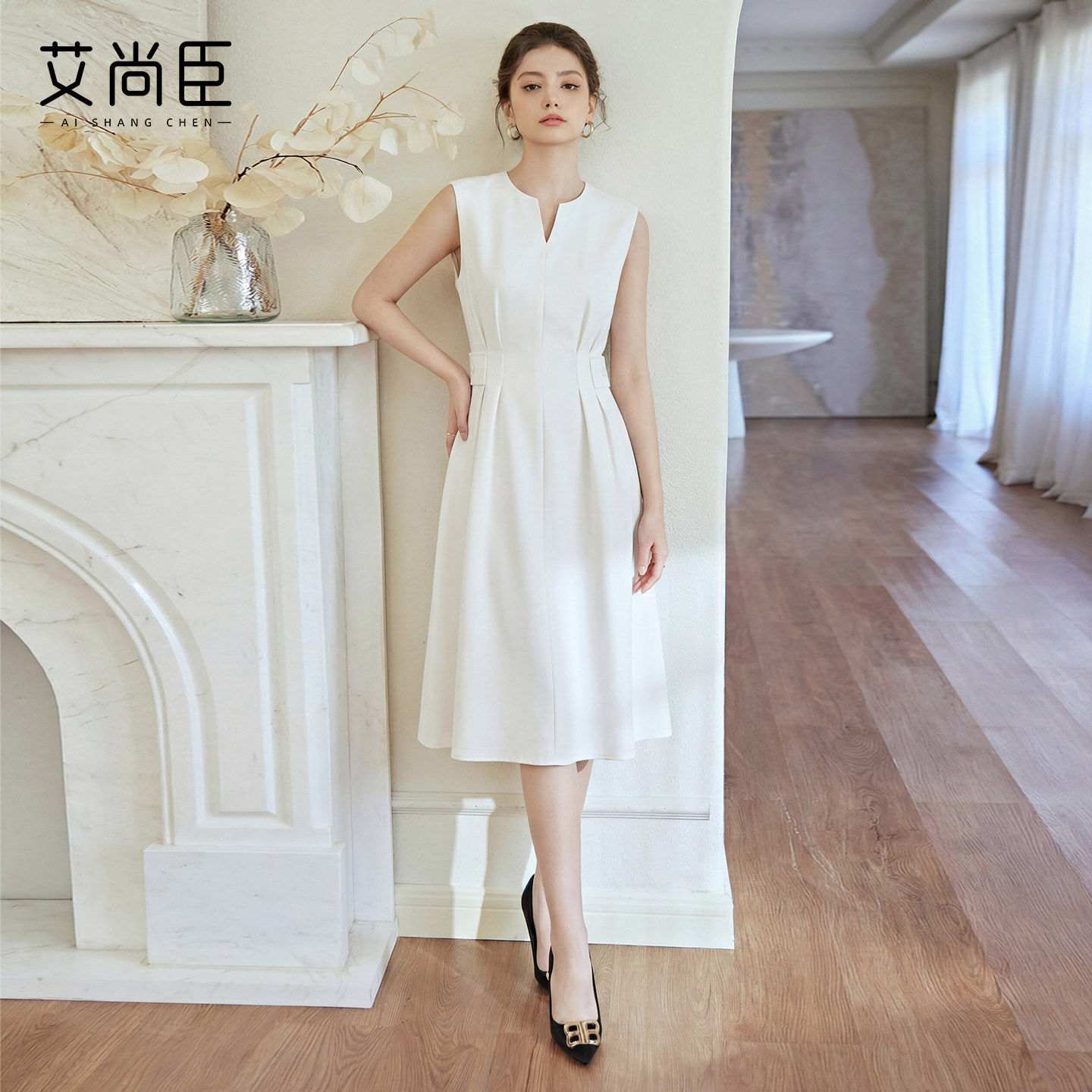 艾尚臣无袖职业连衣裙女美业工装