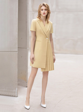 职业装连衣裙女夏款克丽缇娜工作服店长顾问黄色短袖百褶裙美容院