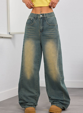 2026Women Casual loose jeans pants刺绣做旧水洗宽松直筒牛仔裤