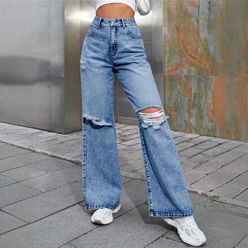 2024 Fashion women knee ripped Jeans Casual flared trousers