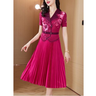 高端褶皱西装 领国风印花假两件连衣裙夏名媛收腰弹力魔术百褶长裙