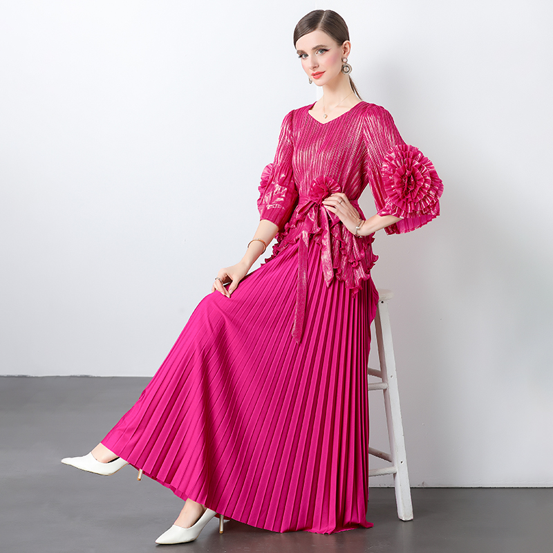 跨境褶皱鎏金光泽卷边盘花系带t恤百褶超长半身裙大码两件套套装