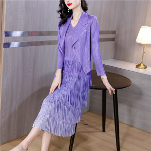 高级感褶皱西装 蛋糕流苏百褶裙 连衣裙渐变色两件套春春秋法式