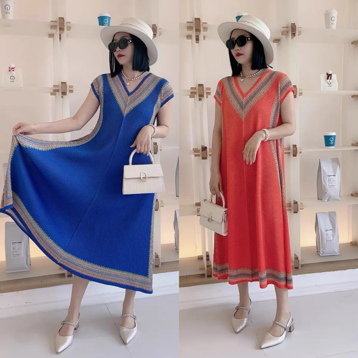 三宅褶皱复古撞色V领大码连衣裙