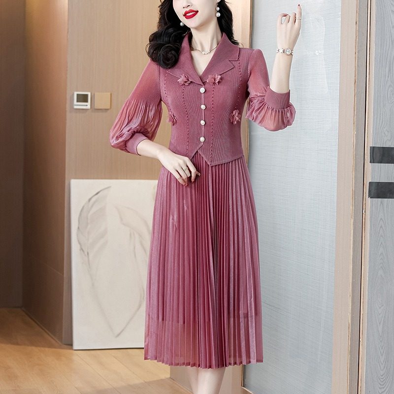 高端名媛西装领灯笼袖褶皱连衣裙202春秋装收腰魔术大码百褶长裙