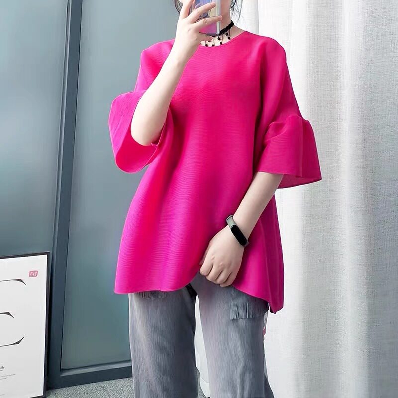 褶皱t恤2025夏百搭大码宽松百搭圆领中袖休闲弹簧抖抖上衣女