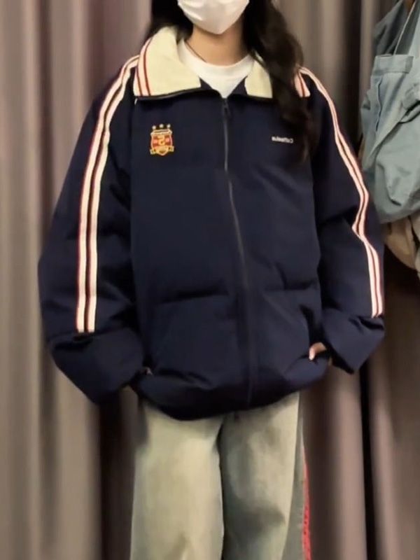 韩版学院风撞色条纹立领刺绣棉服外套女学生冬季潮流加厚百搭棉袄