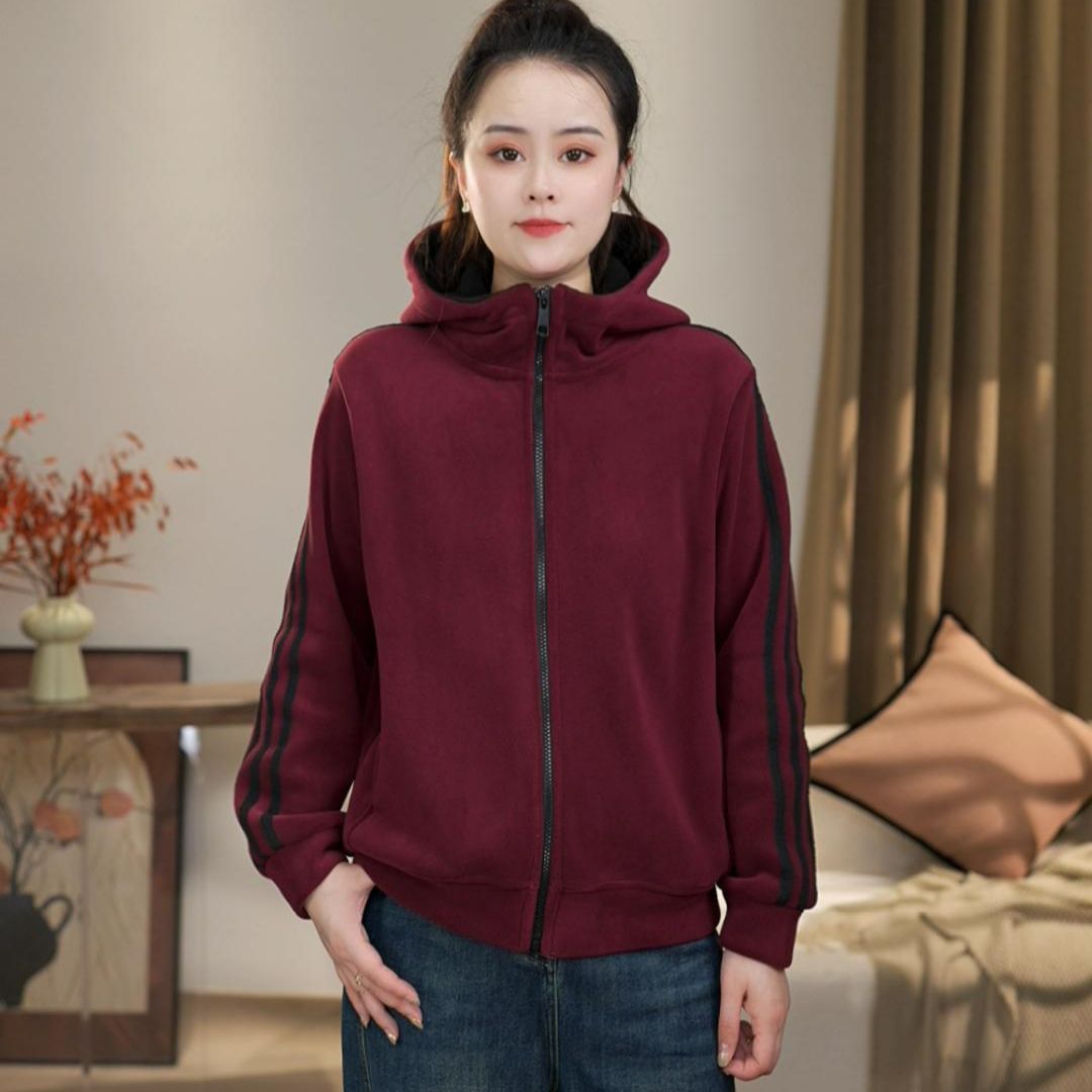 秋季新款时尚拼接女连帽长袖外套运动开衫加绒加厚外套带帽卫衣女