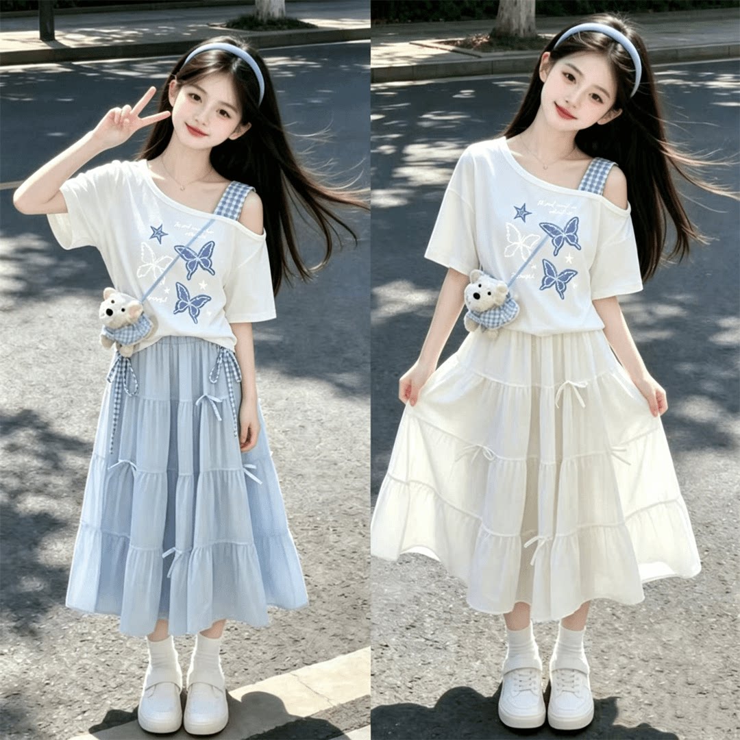 夏季女童纯棉露肩蛋糕裙两件套装