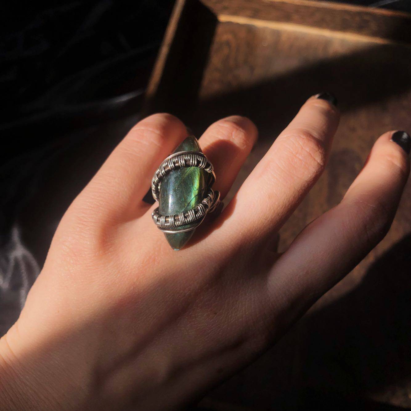 【腐败之力】手作手工拉长石绕线戒指 999银